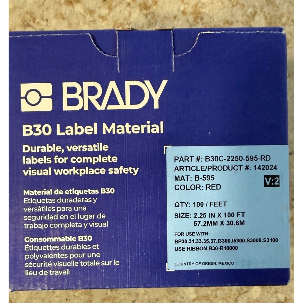 Brady B30C-2250-595-RD Red Vinyl Label Tape 2.25in x 100ft B-595 Material